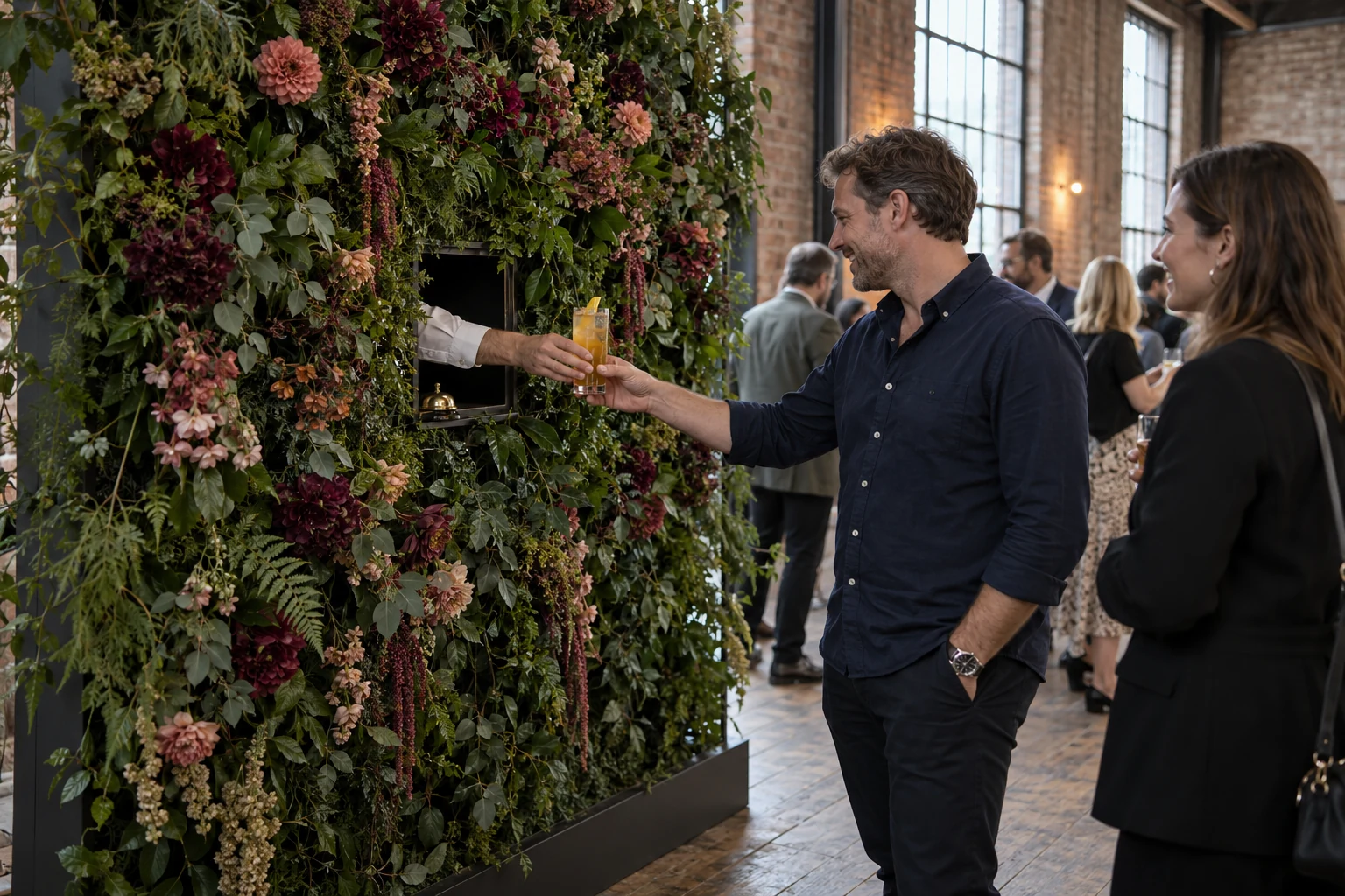 Koncept: cocktail serveres fra en grøn blomstervæg ved et firmaevent
