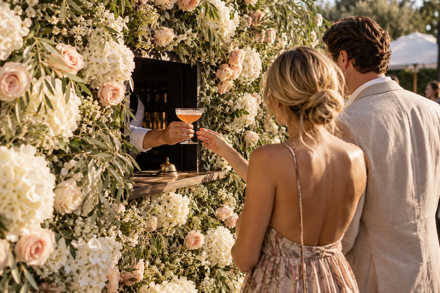 Visualisering: gæster får serveret en cocktail gennem en blomstervæg