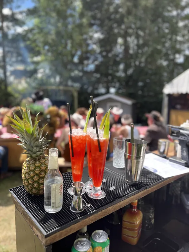 Røde cocktails og ananas ved en udendørs fest